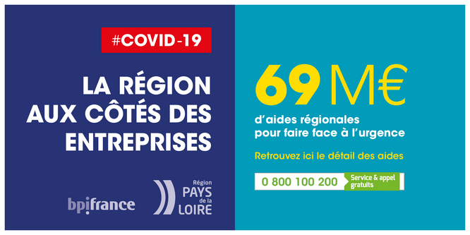 infographie avec texte : "#COVID-19, La Région aux côtés des entreprises : 69 M€ d'aides régionales pour faire face à l'urgence. Retrouvez ici le détail des aides 0 800 100 200 (service et appel gratuits). logos BPI France et Région des Pays de la Loire